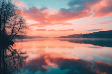 A serene sunset reflecting pink and blue hues on a calm lake, framed by bare trees and dramatic clouds, capturing the tranquility and beauty of the evening light.