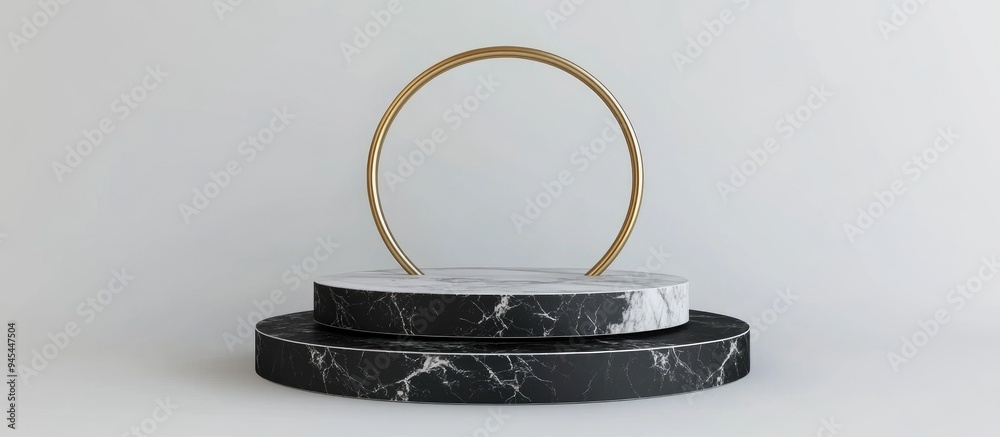 Aufkleber 3D rendering of black and white marble pedestal steps on a white background featuring a golden ring round frame three cylinders and an abstract minimal concept emphasizing a clean and luxurious min