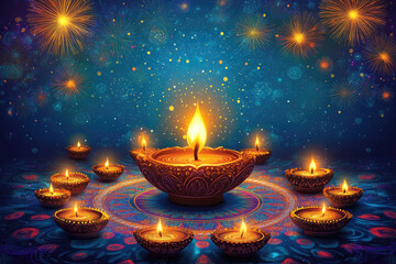 Burning diya lamps on blue rangoli for diwali celebration, symbolizing triumph of good over evil in vibrant, glowing patterns