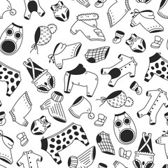 Pet Clothes Doodle Seamless Pattern. Hand drawn background with falling fashion garment outfit accessories for cat and dog. Repeat vector illustration in sketch style