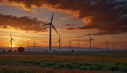 Obraz premium Sunset Over Wind Turbines Landscape