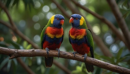 Obraz premium Colorful Parrots on a Branch
