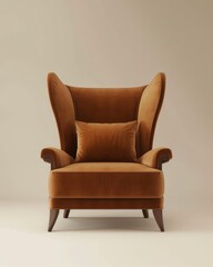 A luxurious brown velvet wingback chair with a cozy cushion, set against a neutral background, exemplifies sophistication and comfort in interior design
