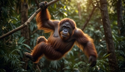 Naklejka premium Orangutan Swinging in Lush Jungle