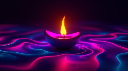 A glowing candle floats in vibrant, colorful waves, creating a serene atmosphere.
