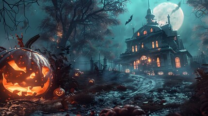 Obraz premium Halloween pumpkins in the forest at night.Halloween background with Evil Pumpkin. Spooky scary dark Night forrest. Holiday event halloween banner background