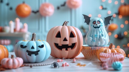 Obraz premium Pastel Pumpkins and Ghost for Halloween Decor