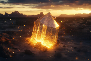 Golden Translucent Crystals, Gemstone. Rough Crystals Meditation Atmosphere. Mineral Jewelry Uncut Natural Gem Rock. Geological Gold Healing Stone in Sunset. Quartz Topaz Diamond Pyrit Shiny Mineral.
