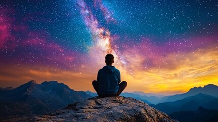 Obraz premium Man Contemplating the Milky Way Above Mountain Range.