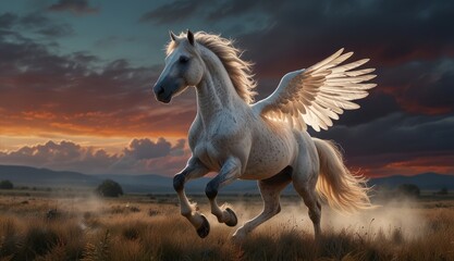 Majestic White Winged Horse at Sunset