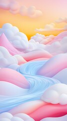 A serene landscape featuring soft, pastel-colored hills and a winding river under a colorful sky.