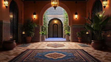 Obraz premium A grand arched hallway with patterned tiled walls, a large ornate rug, and potted plants.