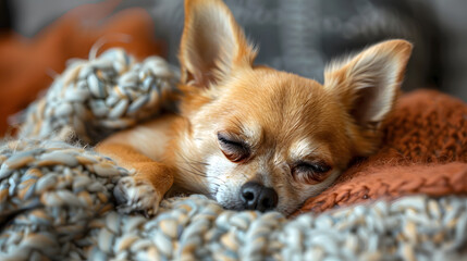 A Chihuahua curled up on a plush pillow, its tiny size and delicate features making it look incredibly cute and fragile