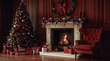 Fototapeta premium Christmas Living Room. Cozy Interior with Fireplace, Christmas Tree, Gifts, Red Armchair, Garland