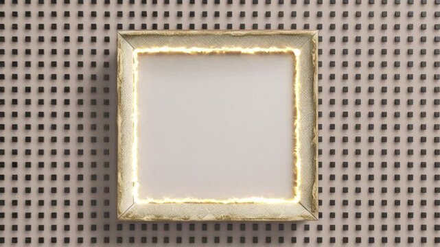 Square frame with a gold pattern and a neon beam on a background with squares