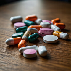 Multicolored tablets and capsules scattered on a wooden table