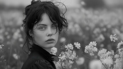 Naklejka premium Woman with Wavy Hair and Flowers in a Black and White Photograph