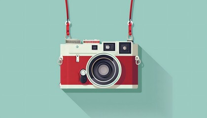 Retro camera hanging on a rope on blue background.