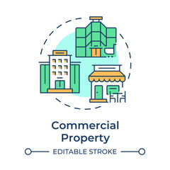 Obraz premium Commercial property multi color concept icon. Office building. Shopping center and restaurant. Retail space. Round shape line illustration. Abstract idea. Graphic design. Easy to use in article