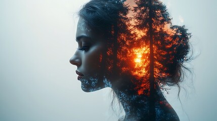 A woman's profile is superimposed with a sunset scene in a forest, symbolizing inner peace and connection with nature.