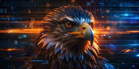 Eagle glitch wallpaper, Fierce avian portrait for patriotic cyberpunk-themed designs