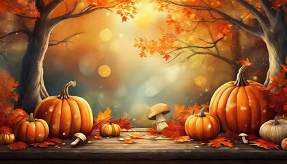 orange autumn background with bokeh effect, leaves, pumpkins, mushrooms