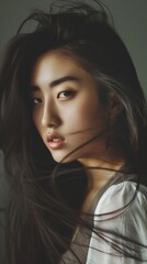 Fototapeta premium Captivating Portrait of an Elegant Asian Woman in a Moody Cinematic Setting
