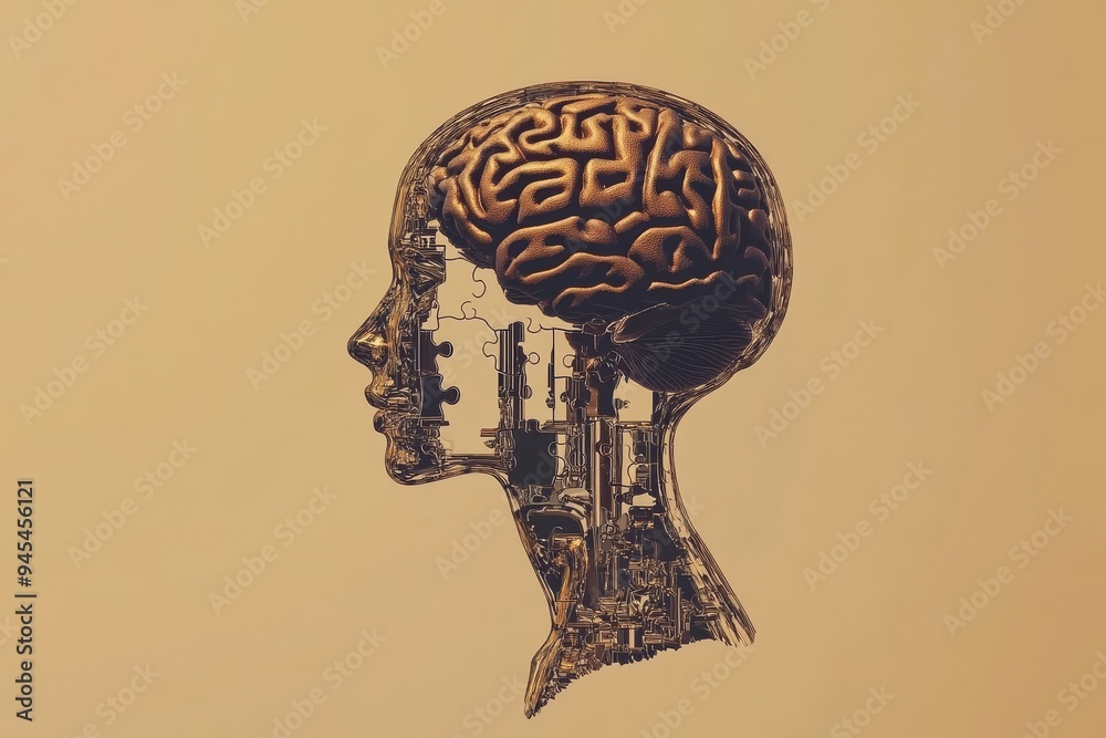 Poster artistic profile of a human head with intricate patterns symbolizing the labyrinth of thoughts cultu