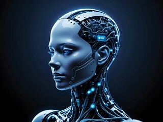 Obraz premium Futuristic robot woman with exposed wiring and glowing blue lights.