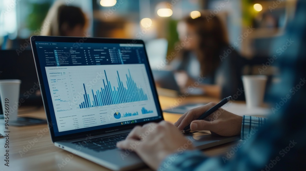 Leinwandbilder a person analyzing detailed data analytics on a laptop in an office setting, with blurred figures in