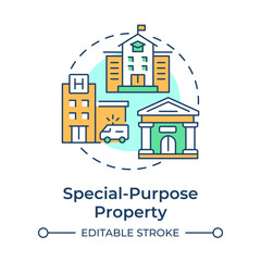 Obraz premium Special-purpose property multi color concept icon. School and hospital buildings. Public service. Infrastructure. Round shape line illustration. Abstract idea. Graphic design. Easy to use in article