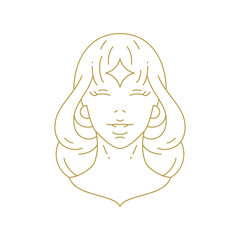 Elegant mystic woman portrait with star luxury minimal golden line art icon vector illustration. Mythology sacred beautiful female face insignia logo for cosmetic brand wellness spa skin care