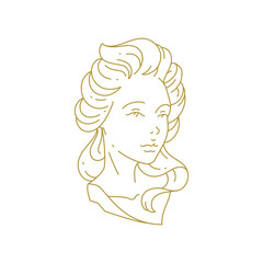 Romantic woman goddess bust beauty statue minimal golden line art icon vector illustration. Elegant feminine young model portrait fashion glamour monochrome insignia for skin care wellness spa brand