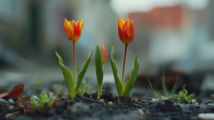 Three Orange and Yellow Tulips Growing in the Ground