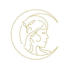 Botanical woman with crescent portrait minimal golden line art icon vector illustration. Elegant feminine blossom fantasy mythology lady witch monochrome logo for spa wellness salon beauty makeup