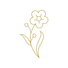 Elegant flower chamomile with stem and leaves minimal golden line art icon vector illustration. Romantic beautiful wildflower botanical blossom monochrome logo for organic skin care cosmetic brand