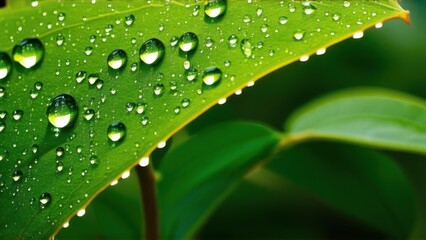 Large beautiful drops of transparent rain water on a green leaf macro. Drops of dew in the morning glow in the sun. Beautiful leaf texture in nature. Natural background