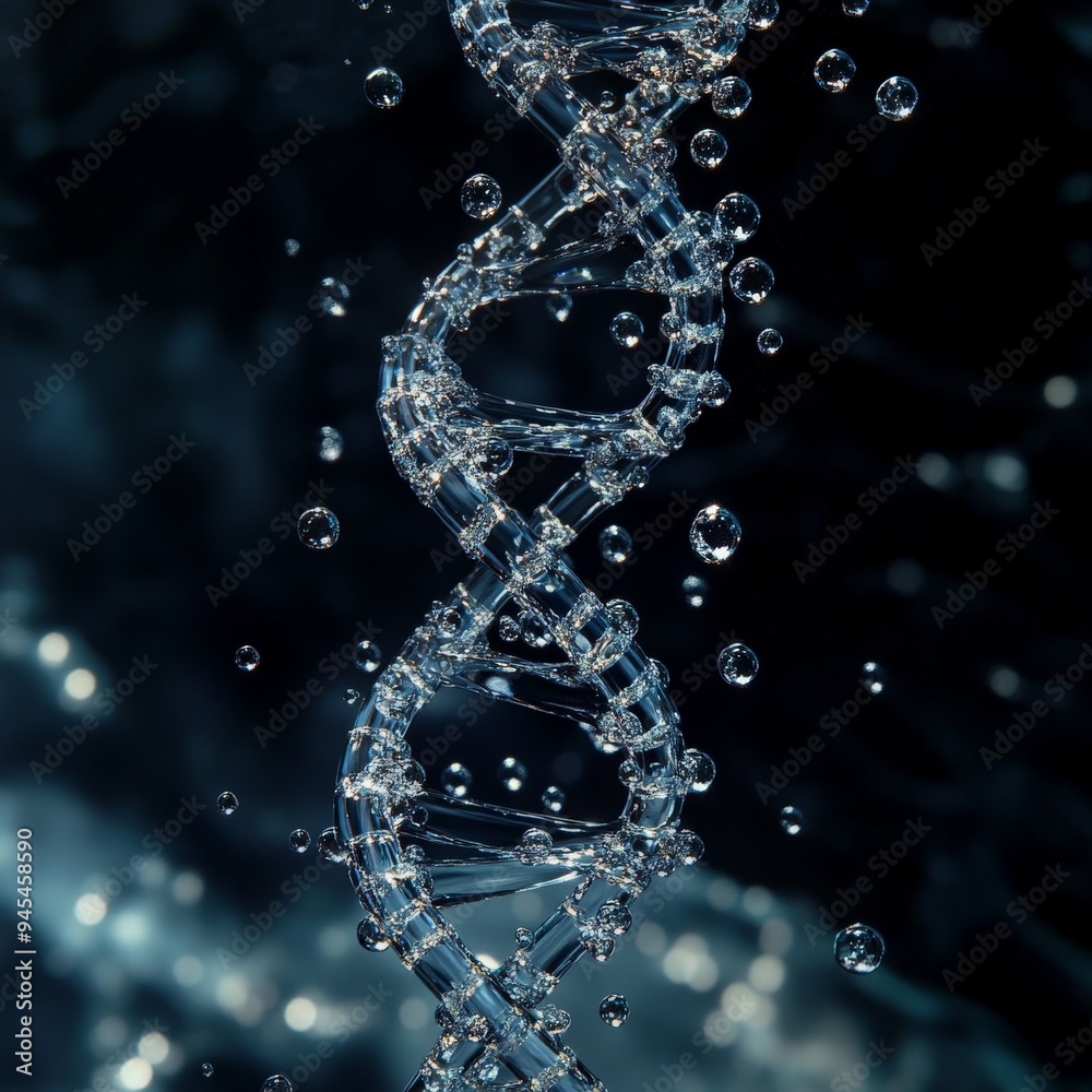 Poster A detailed 3D rendering of a DNA double helix structure submerged in water, surrounded by sparkling bubbles, representing science, biology, and genetic research.