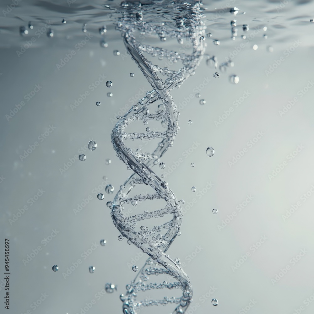 Poster a digitally rendered artwork featuring a dna strand floating just beneath a calm water surface, high