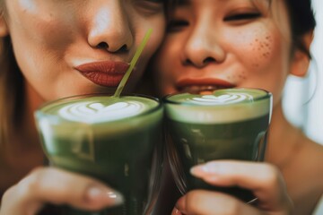 happiness designer women with her hot matcha latte lover Close up of Thai designer women while drinking hot green tea matcha latte at the coffee shop with dirty lip