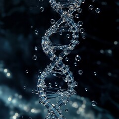 A detailed 3D rendering of a DNA double helix structure submerged in water, surrounded by sparkling bubbles, representing science, biology, and genetic research.