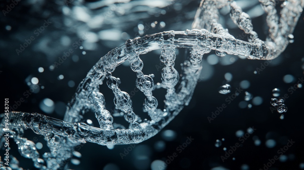 Poster A close-up 3D view of a DNA helix highlighting its molecular bonds and structures, emphasizing the detailed intricacies of genetic material in a watery surrounding.