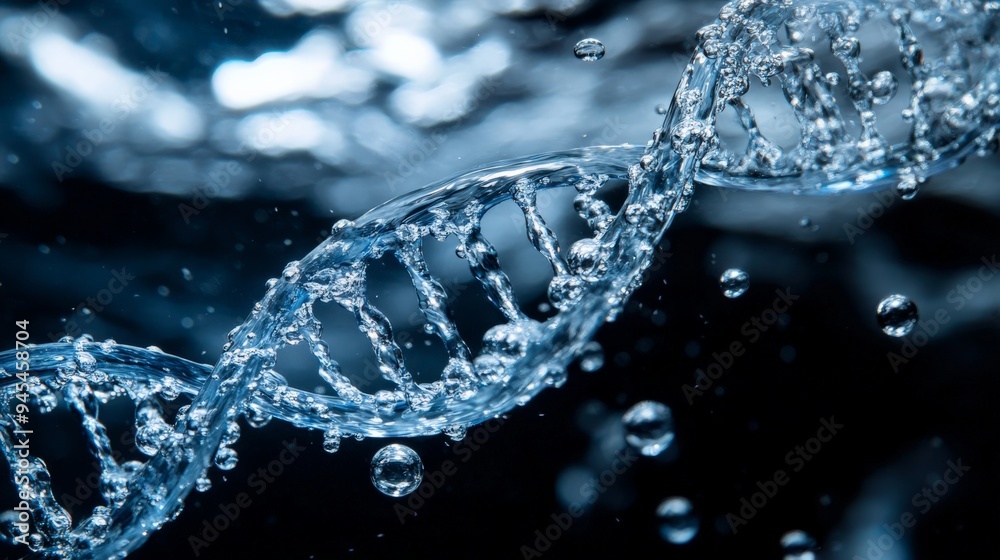 Poster A visually captivating 3D image of a DNA helix surrounded by air bubbles in suspension, depicting the dynamic interaction between genetic material and its aquatic environment.