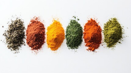 An assortment of colorful spices including black, red, yellow, green, and orange powders, neatly...