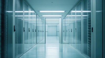 Award-winning photography of a modern data center, glass server rooms, industrial minimalism, sharp focus.