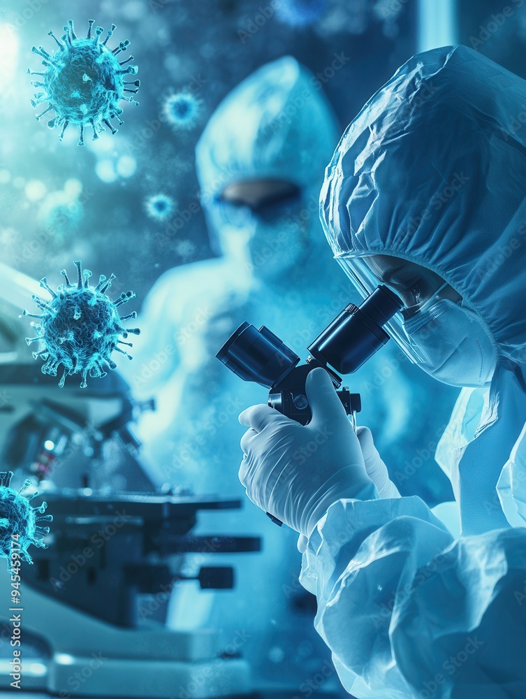 Poster Two medical workers in protective suits conduct research on viruses using a microscope, highlighting efforts in disease detection and control in a laboratory. Generative AI