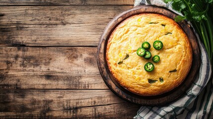 Southwestern-style cornbread with jalape seen from above, with plenty of copy space.