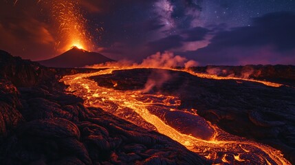 An eruption captures the fiery intensity of molten lava flowing over a rugged landscape, offering a dramatic and captivating glimpse into the primal forces of the Earth.