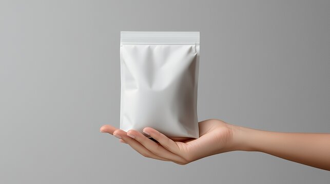 A hand holds a plain white packaging pouch against a neutral background.