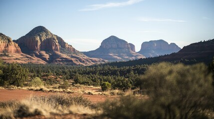 The beautiful red rocks of Sedona, Arizona, with a clear sky backdrop, and ample copy space.